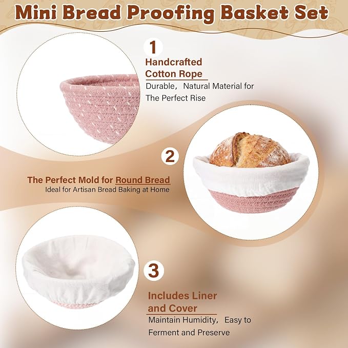 6 Set 5.5 Inch Mini Banneton Bread Proofing Basket Natural Cotton Rope Proofing Bowls Kit with Cloth Liner Small Sourdough Bread Baking Supplies for Home Baking (Nude Pink)