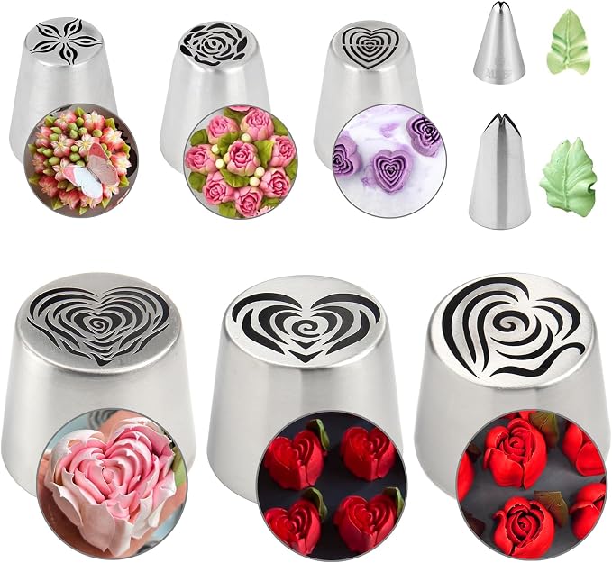 8 Pack Extra Large Russian Piping Tips Set Stainless Steel Icing Nozzles for Buttercream Flowers Includes 6Tips, 2 Leaf Tips for DIY Cookies Desserts Cake Decoration Baking Tools (8 Pack)