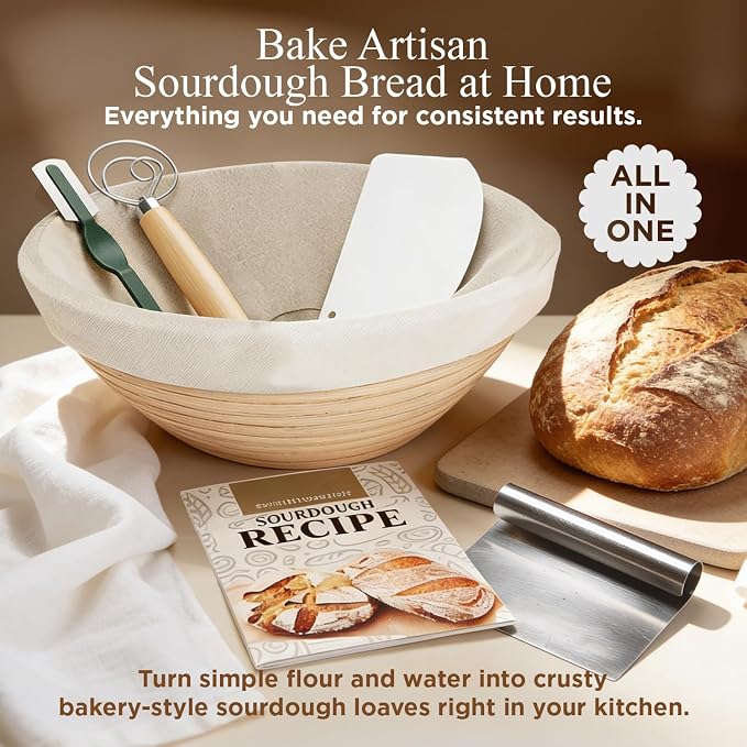 Sourdough Bread Kit – 9-Inch Banneton Proofing Basket with Liner, Whisk, Lame, Scrapers and Recipe Guide | Complete Bread Making Supplies and Sourdough Tools – Great Gift Idea for Bakers