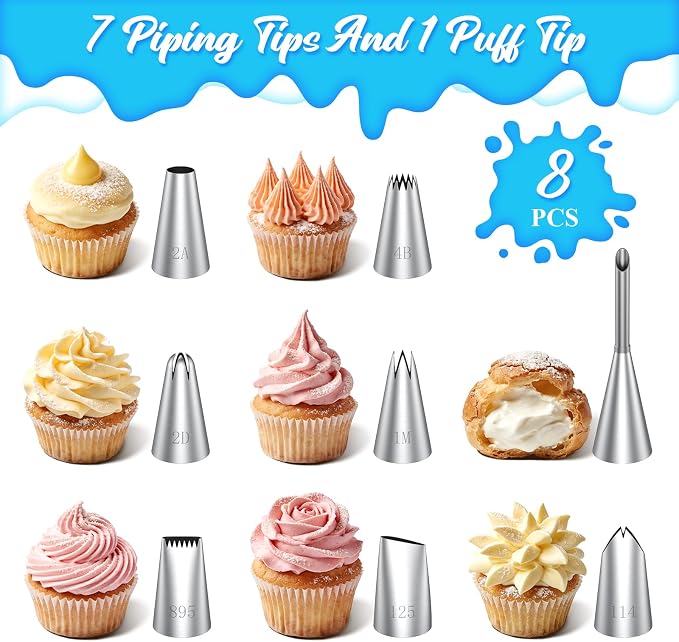 Piping Bags and Tips Set, 16 Inch Cotton Reusable 2 Piping Bags, 7 Piping Tips, 2 Couplers, 1 Puff Tip, 1 Brushes, 3 Scrapers. Icing Bags and Tips Set for Cakes/Cupcakes Decorating.