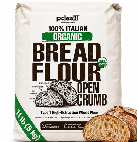 Polselli Organic Bread Flour, High-Extraction Type 1 Wheat Flour, 5 kg | High-protein Italian organic wheat flour for sourdough and artisan breads; unbleached, unbromated, non-GMO, no enzymes