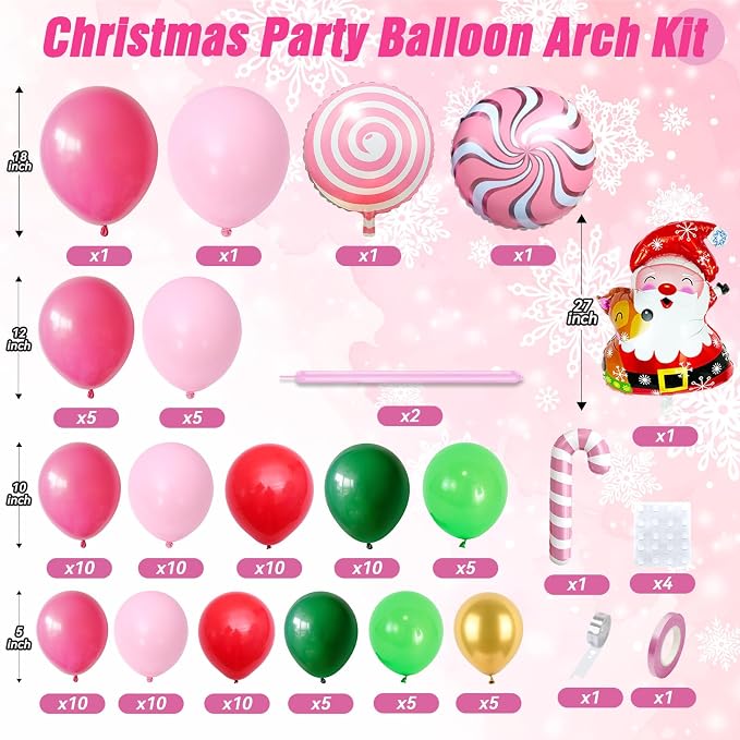 Christmas Balloon Arch Kit, Hot Pink Red Green Metallic Gold Balloons with Snowflake Santa Claus Lollipop Crutch Candy Long Balloons for Christmas Party Xmas Eve Decorations New Year Holiday Supplies