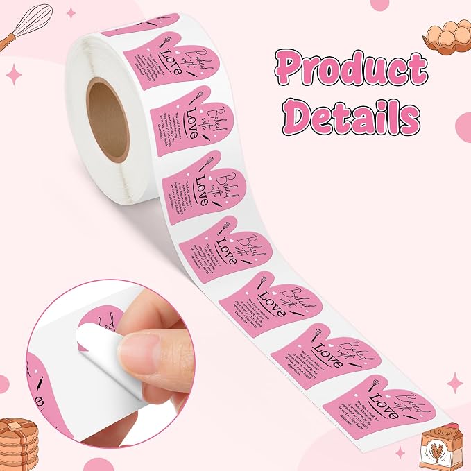 PANTIDE 500 Count Baked with Love Cottage Food Law Labels Stickers (Pink) | Adhesive Oven Mitt Shaped Decal Roll, Made in A Home Kitchen, Inspection Statement Thermal Printed, for Baked Food Packaging