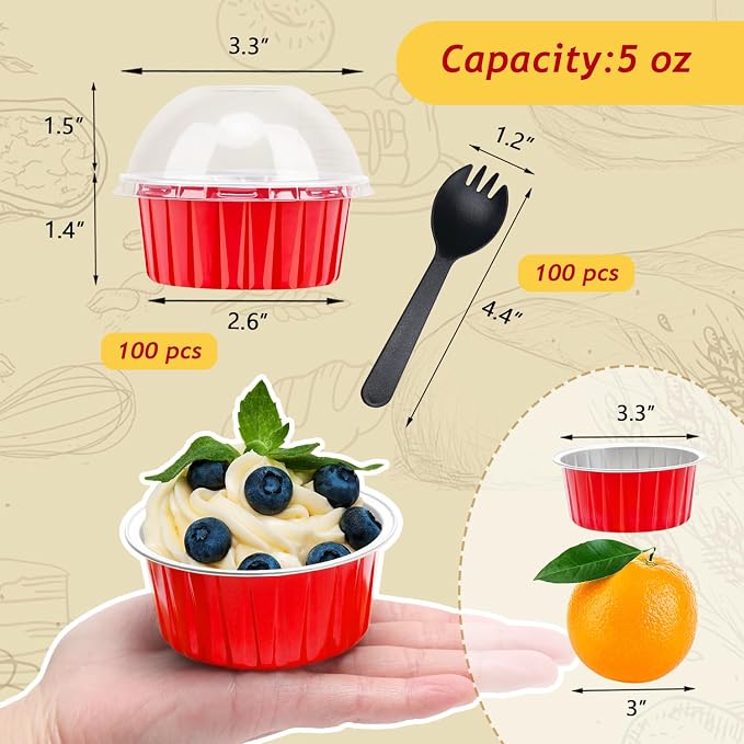 5oz Cupcake Pans Muffin Tins 100 Pack,LNYZQUS Aluminum Foil Mini Cake Baking Cups with Dome Lids,Disposable Ramekins Cupcake Liners,Small Cake Mini Pie Baking Pan for Christmas -Red