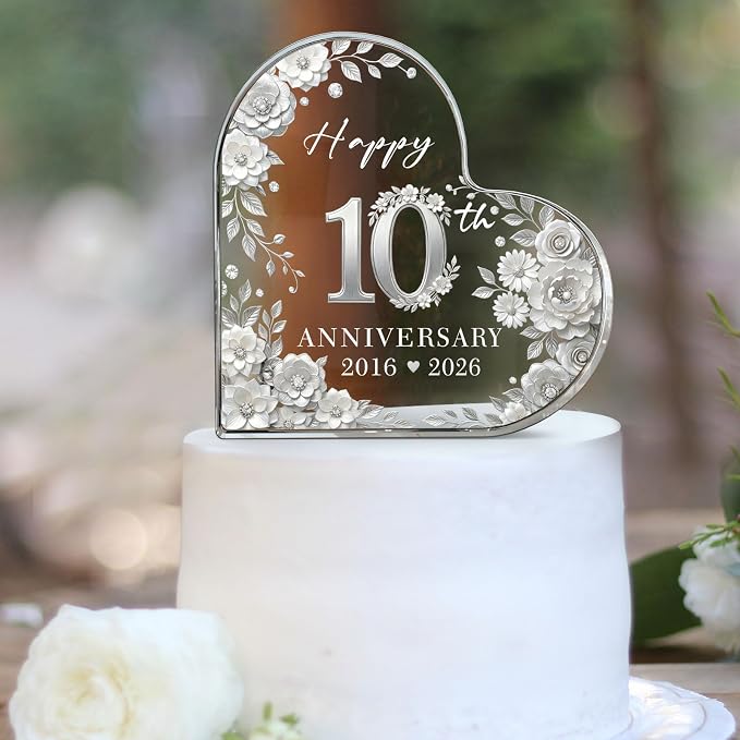 10th Anniversary Cake Topper Acrylic,10 th Anniversary Decorations & Keepsake Gift for Couples（10th Anniversary-Silver Wreath）