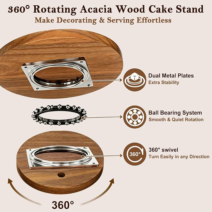 Qinzave Wooden Cake Stand, 11.4 Inch Acacia Wood Rotating Cake Turntable with Smooth 360° Rotation for Cake Decorating, Serving Cakes, Cheese and Desserts