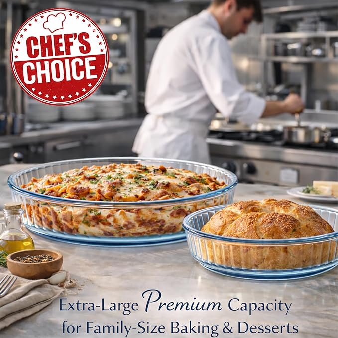 2-Piece Ums Round Glass Baking Dishes for Oven, Round Baking Dish, Glass Casserole Dish, Glass Pie Pan, Borosilicate Glass Cookware, Microwave and Dishwasher Safe Clear Bakeware, 12.5" & 10.2" Sizes