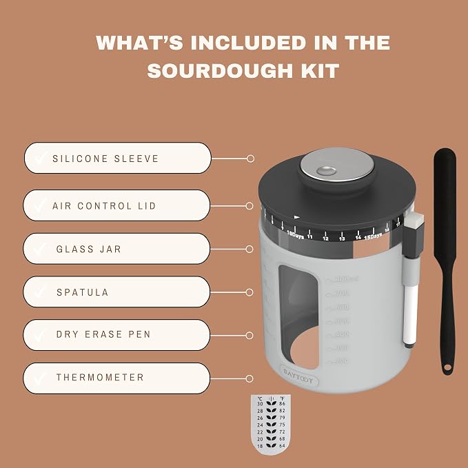 Wide Mouth Sourdough Jar Starter Kit 33 oz - UPGRADED 2026 DESIGN with Reinforced Thick Glass Base - Ideal Sourdough Jar for Fermentation, Airflow Lid, Feeding Marker & Spatula Included (Grey)