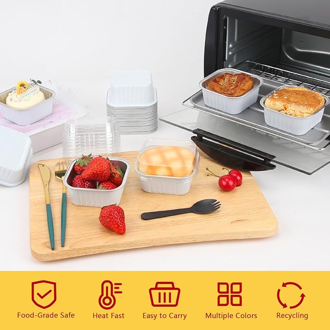 LNYZQUS 5oz Mini Cake Tins With Lids 40 Pack, Aluminum Foil Muffin Pans Cupcake Cups,Small Disposable Ramekins Brownie Baking Pans Cupcake Containers Holders For Wedding Party-White