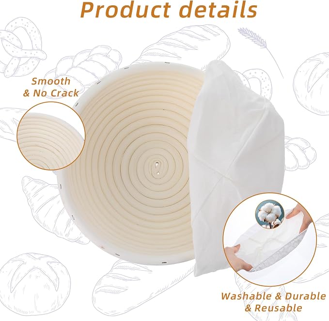 2-Pack Sourdough Bread Proofing Basket & Banneton Bread Proofing Basket Set with Liners, 8" Round Rattan Dough Bowls (7.87"x3.15") for Artisan Baking