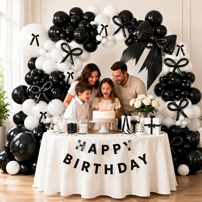Black White Bow Balloon Garland Arch Kit, 149Pcs Coquette Bow Birthday Decorations for Engagement Wedding Bridal Shower Bachelorette Prom Party Decorations with Pre-Tied Bows and Long Balloons