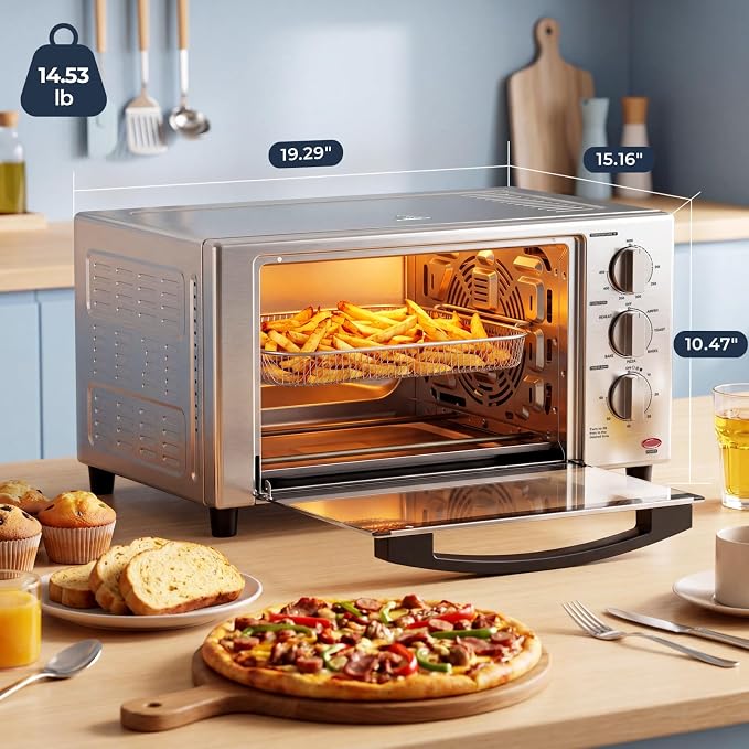 Air Fryer Toaster Oven with Grill, 23 QT Quiet Convection Oven Countertop, 7 Presets, Air Fry, Toast, Bagel, Bake, Roast, Fits 12" Pizza, Stainless Steel