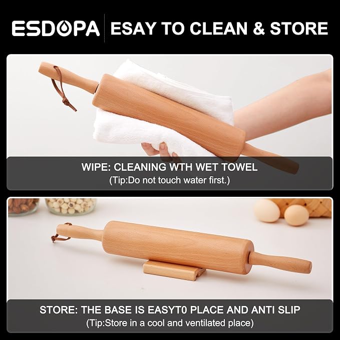 Classic Wood Rolling Pin - Wooden Rolling Pins for Baking Silicone Mat Set, Dough Roller with Wood Base, Fondant Roller for Pie Crust Cookies Pizza Dough and Bread, 17 Inch