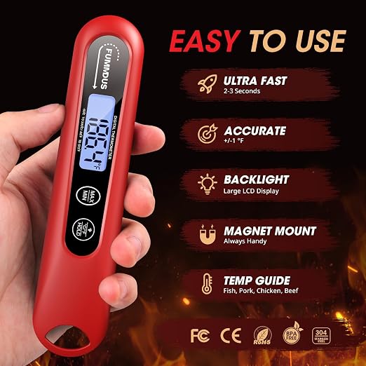 Digital Meat Thermometer - 2S Instant Read Food Thermometer with Backlight, Foldable Probe for Turkey BBQ Grill Smoker Candy, Essential Kitchen Cooking Gadget (Red)