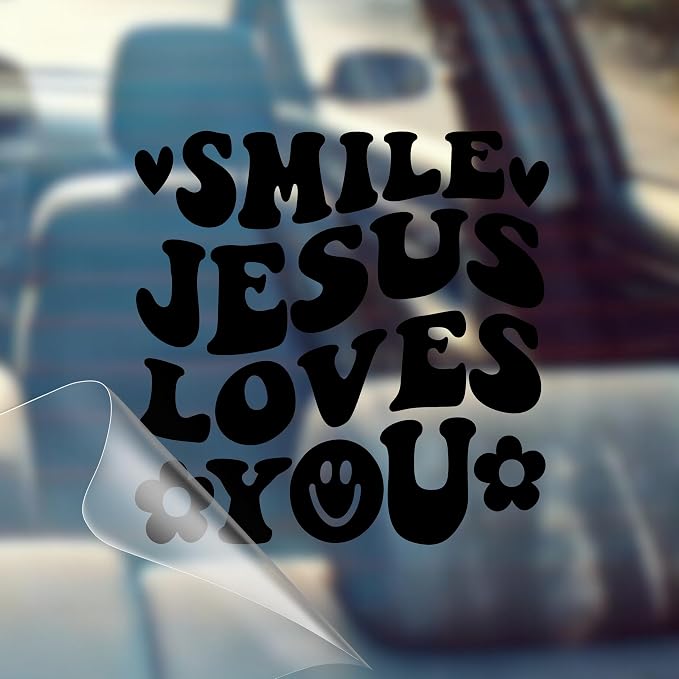 Smile Jesus Loves You - Christian Jesus Cross Car Vinyl Decal Bumper Sticker for Car, Wall, Window, Vehicle, Weather Resistant, Viral (1, Black)