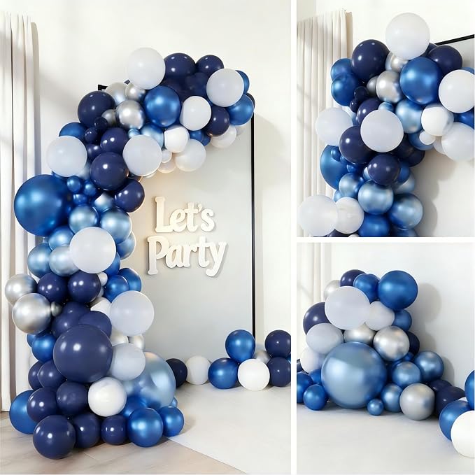 Blue White Silver Balloon Garland Arch Kit, 143 Pieces Navy Light Metallic Blue Silver White Balloons for Wedding Bridal Shower Graduation Birthday Party Decorations