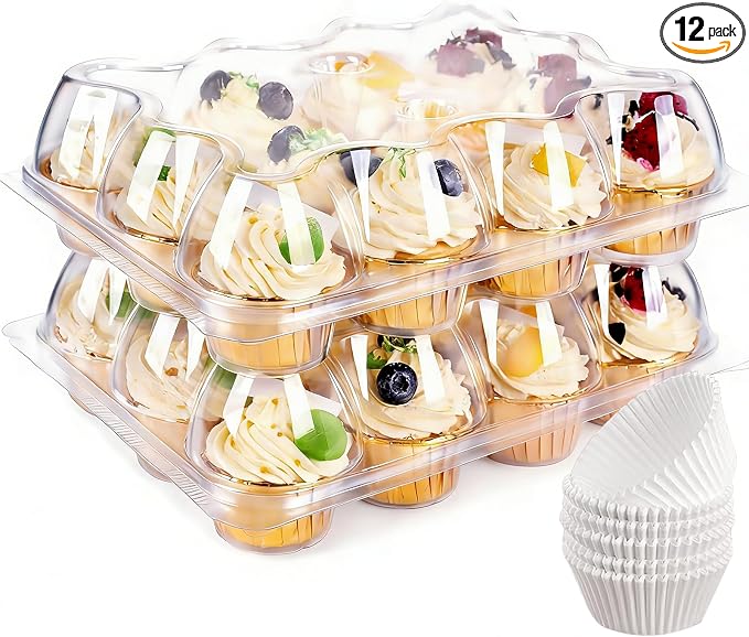12 Count x 12 Sets Cupcake Carrier With 150 Pack Liners, Stackable Plastic Cupcake Containers Boxes Holder with Tall Dome Lid, Disposable Cupcake Storage Trays
