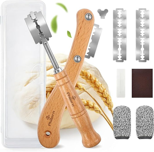PHILORN 2pcs Set Bread Lame with 10 Stainless Steel Blades, Finger Sleeves and Protective Cover - Sourdough Razor Scorer with Straight & Curved Scoring Knife - Ergonomic Wooden Handle Gift for Bakers