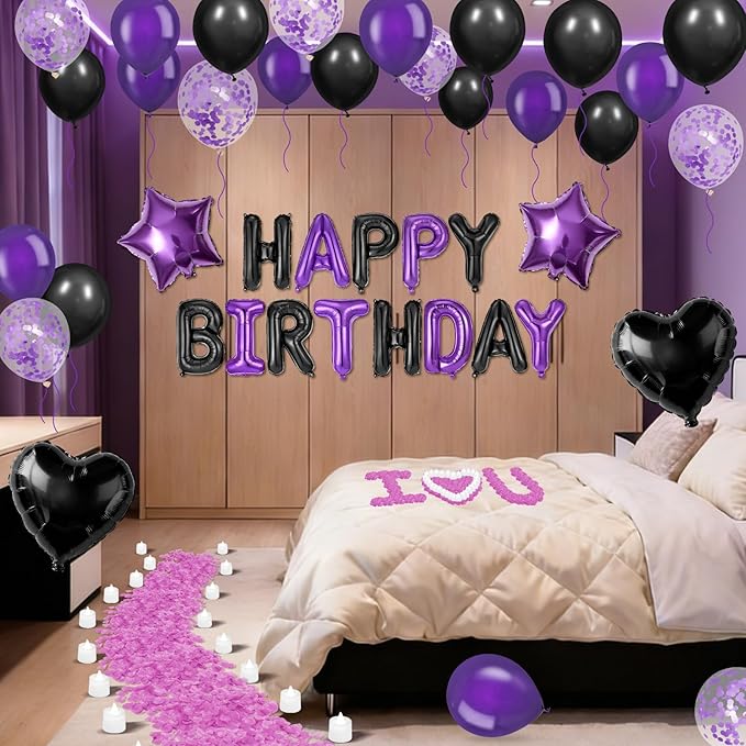 Black Purple Happy Birthday Balloons Decorations Black and Purple Birthday Balloon Letters Banner with Star Heart Balloons Artificial Rose Petals 24 Flameless LED Candles for Birthday Party Supplies