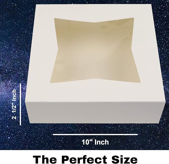 O'Creme White Bakery Boxes with Window, 10 x 10 x 2.5 Inches Deep, Pack Of 5, Display Pies, Pastries, Cupcakes and Cookies | Paperboard White Kraft Auto-Popup Window Cake Box, Pastry Container Carrier