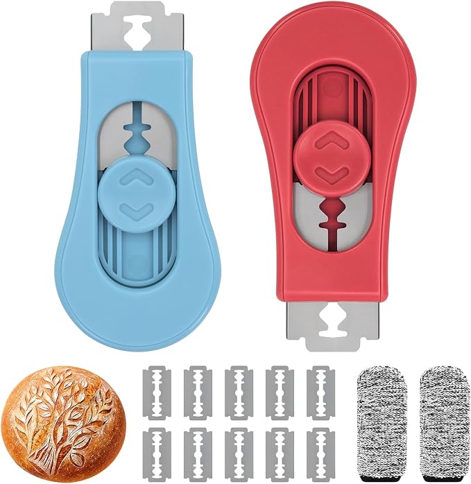 2 Pack Bread Lame Dough Scoring Tool Set, Professional Sourdough Scoring Tool & Bread Scorer with 10 Razor Blades, Finger Protectors Bread Razor for Artisan Baking Red/Blue