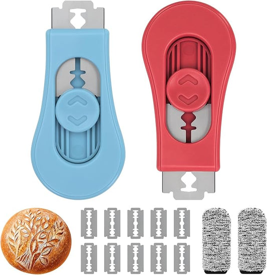 2 Pack Bread Lame Dough Scoring Tool Set, Professional Sourdough Scoring Tool & Bread Scorer with 10 Razor Blades, Finger Protectors Bread Razor for Artisan Baking Red/Blue