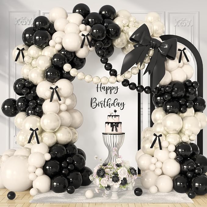 Black Bow Balloon Arch Kit, Double Stuffed Black White Bow Coquette Birthday Decorations for Bachelorette Bridal Shower Wedding Engagement Prom Party Decorations with Pre-Tied Bows