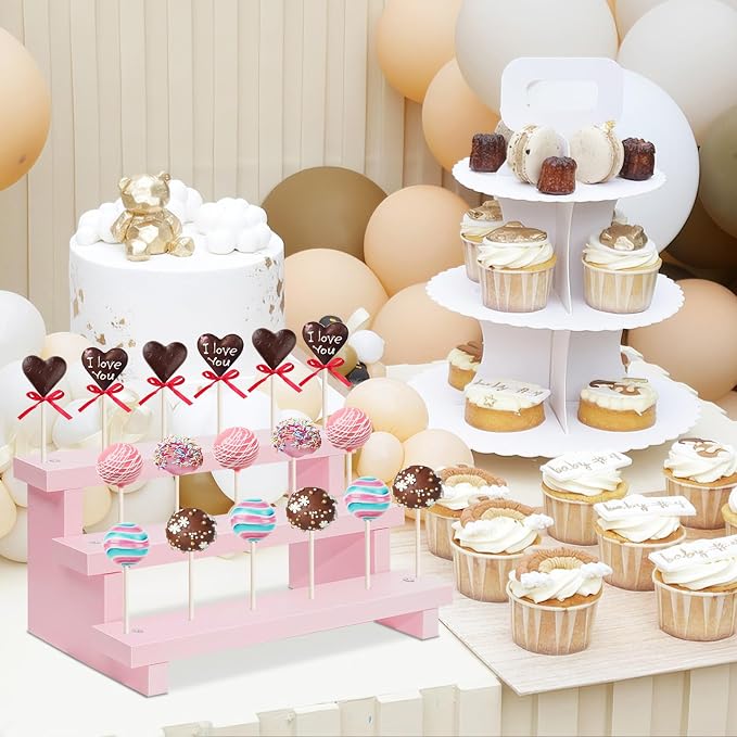 Wood Cake Pop Stands, 3 Tier Lollipop Holders with Twist Ties Lollipop Sticks, Sucker Display Riser for Dessert Table of Wedding Birthday Party (Pink-2P-17 Hole)