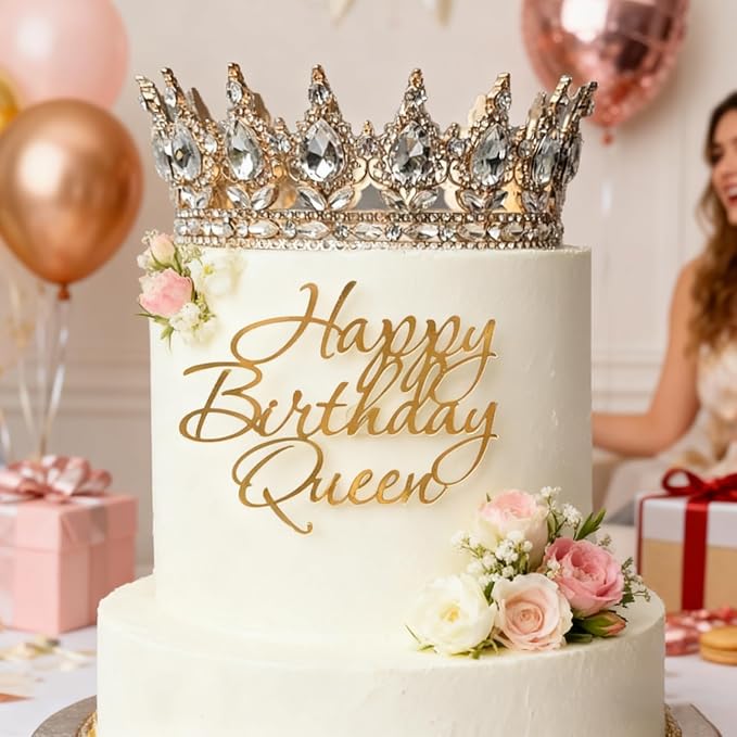 Happy Birthday Queen Cake Topper, Acrylic Gold Queen Birthday Cake Decoration for Women Girls Wedding Birthday Engagement Bridal Shower Party Supplies (GOLD1)