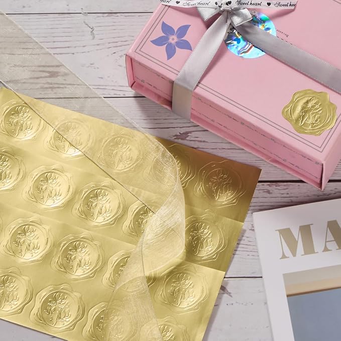 300 Pieces Embossed Gold Foil Stickers, Gold Magnolia | For Envelopes, Wedding Invitations, Christmas Greeting Cards
