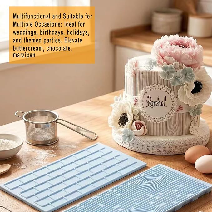 6 Pack Fondant Impression Mat Set Cake Decor Mold Set-Embossed Tree Bark/Flower/Cobblestone Texture Design Sugarcraft Decor Tool for Chocolate Cupcake Topper Wedding Cake(Blue)