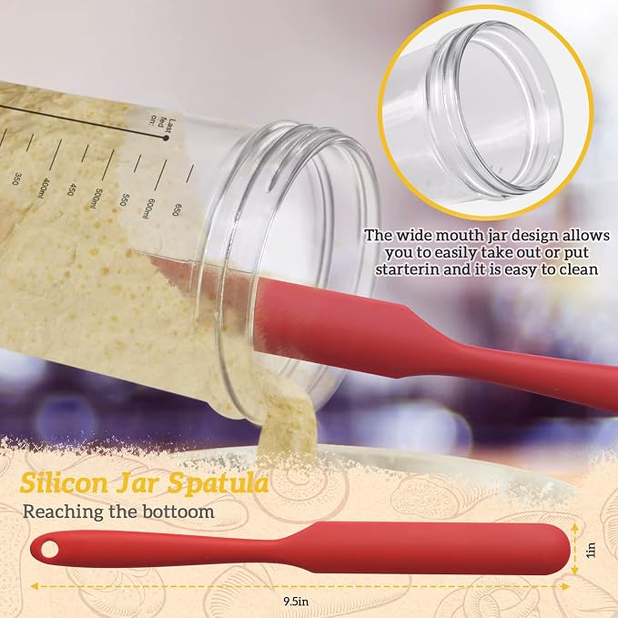 Sourdough Starter Jar Kit,650ml Sourdough Starter Jar with Thermometer Silicone Scraper Cloth Cover and Aluminum Lid Glass Jars Sourdough Bread Baking Supplies