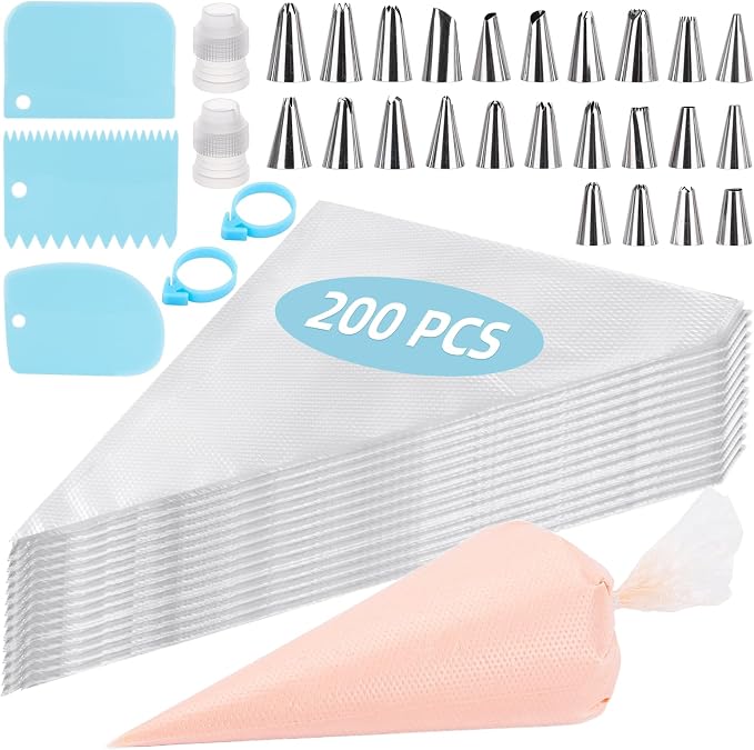 231 Pcs Piping Bags and Tips Set, 12 Inch 200 Piping Bags Disposable Pastry Bag, Cake Decorating Kit with 24 Tips, 3 Scrapers, 3 Couplers