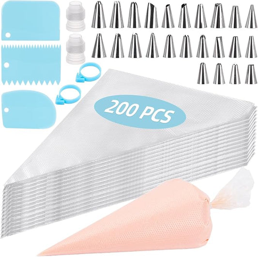 231 Pcs Piping Bags and Tips Set, 12 Inch 200 Piping Bags Disposable Pastry Bag, Cake Decorating Kit with 24 Tips, 3 Scrapers, 3 Couplers