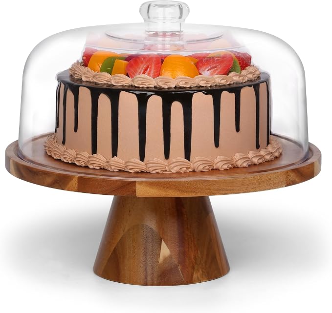 Bellsal Cake Stand with Clear Acrylic Dome Lid, 12in Acacia Wood Cake Holder with Lid, Cake Plate with Lid for Baking Gifts, Cake Display Server Tray for Birthday Party Weddings, Housewarming Gift