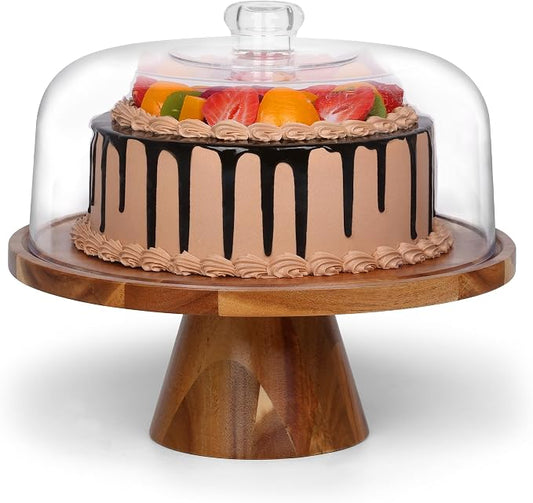 Bellsal Cake Stand with Clear Acrylic Dome Lid, 12in Acacia Wood Cake Holder with Lid, Cake Plate with Lid for Baking Gifts, Cake Display Server Tray for Birthday Party Weddings, Housewarming Gift
