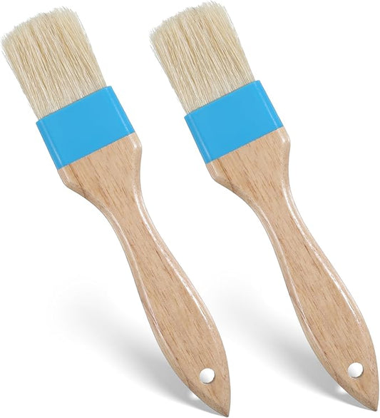2 PCS 1.5 Inch Natural Bristle Pastry Brush, Pastry Basting Brush - Food Grade, Heat Resistant Wooden Handle Butter Brush, Basting Brush for Cooking, BBQ, Baking, Egg Wash, Oil, Blue
