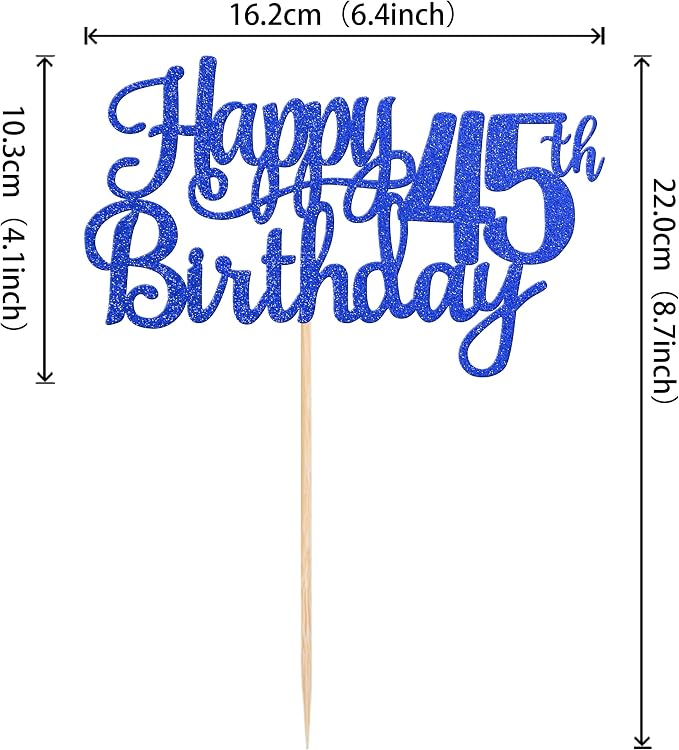 1 PCS Happy 45th Birthday Cake Topper Glitter Cheers to 45 Years Birthday Cake Pick Forty Five 45 Fabulous Cake Decoration for Happy 45th Birthday Theme Party Decorations Supplies Blue
