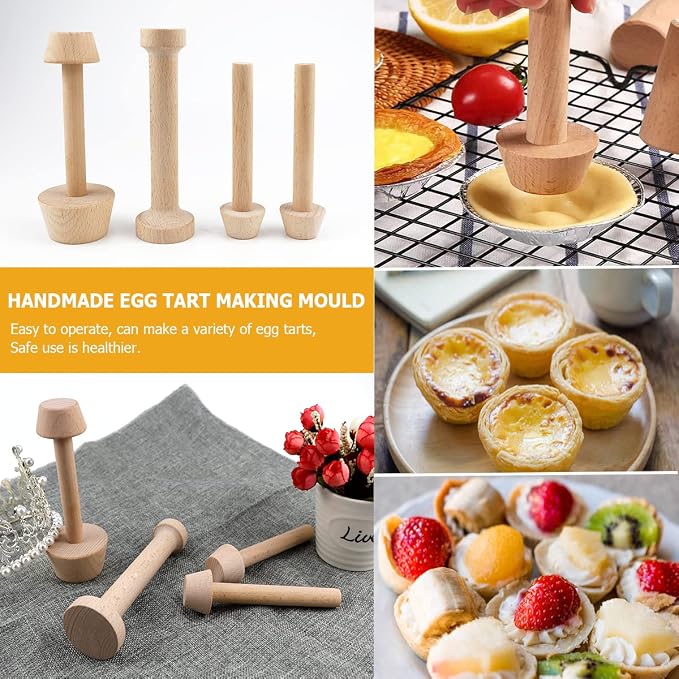 DOERDO 4Pieces Wooden Tart Tamper Set Double-Side Egg Tarts Tamper Pastry Tools DIY Cake Pastry Tool for Mini Egg Tart Cheesecakes Dessert Baking