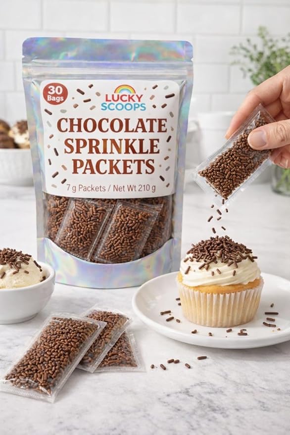 Lucky Scoops Chocolate Sprinkles Packets – 30 Individually Wrapped 7 g Packs in Resealable Pouch – Dairy-Free, Gluten-Free, Vegetarian, Soy & Nut-Free Chocolate Jimmies for Dessert Toppings for Ice Cream Sundae, Baking & Parties (Chocolate)