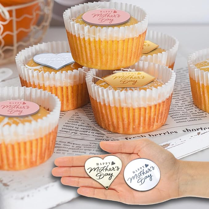 45PCS Happy Mothers Day Cake Toppers, Mirror Acrylic Cupcake Toppers 3 Multi-shape & 3 Different Color Custom Cupcake Picks for Birthday Party Anniversary Pastries Decorations