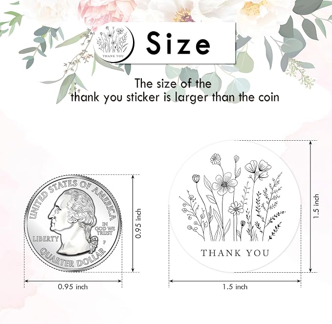 Heyfibro 500 PCS 1.5 Inch Thank You Stickers for Small Business, Baking, Gifts, Envelopes, Weddings(Line Flowers 1)