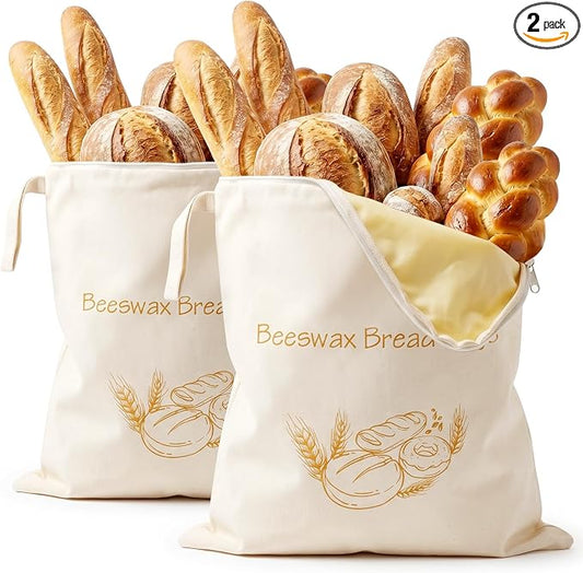 Natural Beeswax Bread Bags for Homemade Bread - Yodeler 2 Pack XL Reusable Organic Cotton Sourdough Bag, Food Storage Cloth Bag Freezer-Friendly with Zip to Keep Fresh (Natural beeswax)