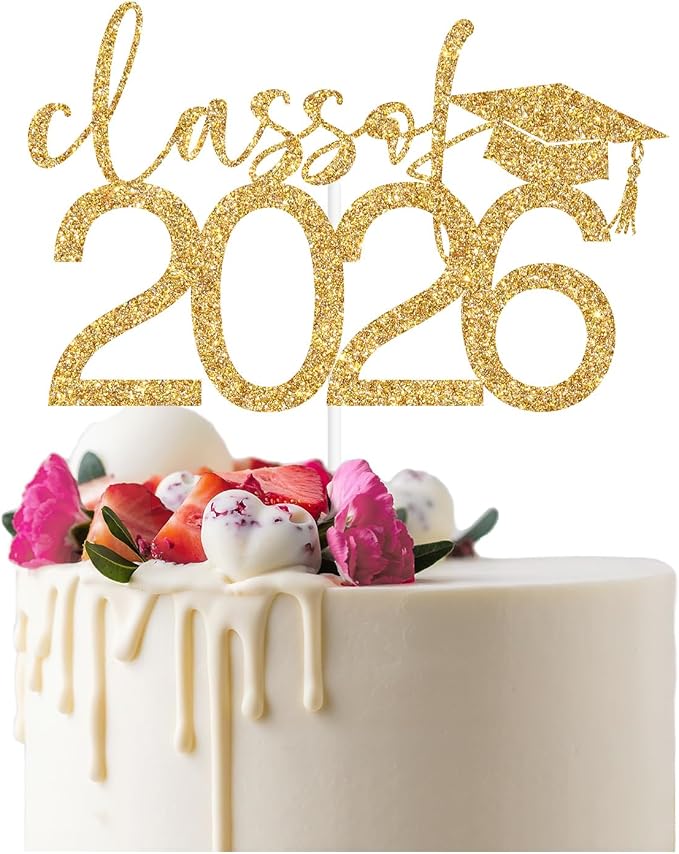 Class of 2026 Cake Topper, Congrats 2026 Cake Décor, Congrats Grad, Happy Graduation, High School/Senior/University Graduation Party Decorations Gold Glitter