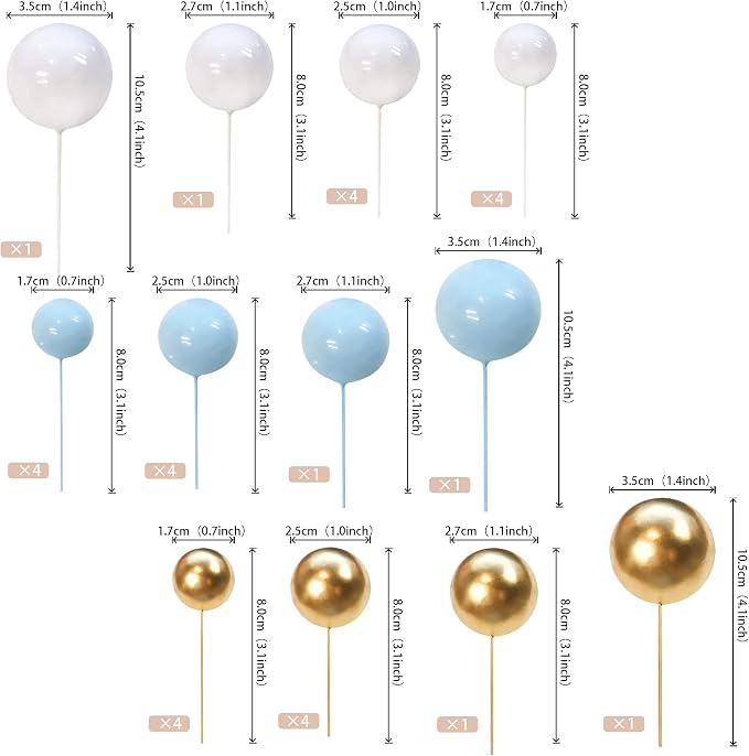 24 PCS Colorful Ball Cake Topper Mini Balloon Cupcake Toppers DIY Foam Ball Cake Insert Decoration for Wedding Anniversary Baby Shower Birthday Party Decorations Supplies Blue Gold White
