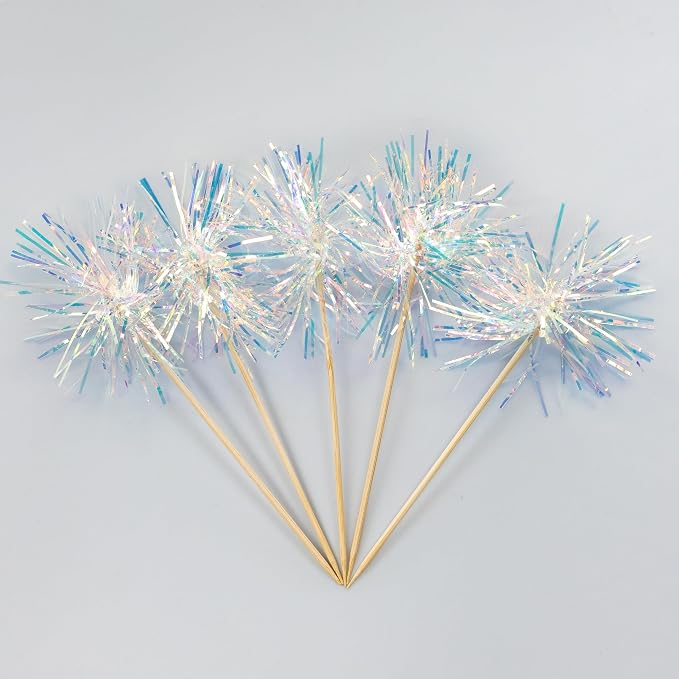 Gyufise 30Pcs Foil Firework Cupcake Toppers Sparkle Tinsel Cake Toppers Tinsel Drink Cake Decoration Cocktail Picks for Birthday Wedding Graduation Party Supplies Laser White