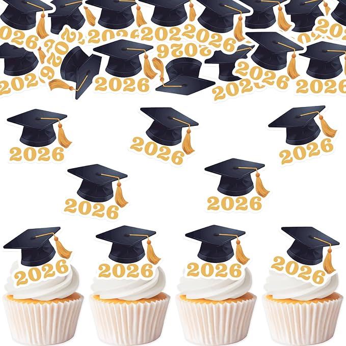 42pcs Edible Graduation Cap Cupcake Toppers Wafer Paper Gold Class of 2026 Cake Decorations Edible Grad Cap Cupcake Picks for 2026 Graduation Theme Party Cake Decor Supplies