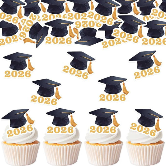 42pcs Edible Graduation Cap Cupcake Toppers Wafer Paper Gold Class of 2026 Cake Decorations Edible Grad Cap Cupcake Picks for 2026 Graduation Theme Party Cake Decor Supplies
