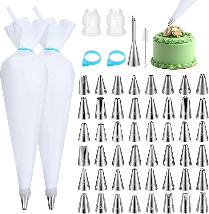56 Pcs Reusable Piping Bags and Tips Set Frosting Piping Kit for Home | 16"Pastry Bags for Cake Decorating Cupcakes & Cookies with 48 Frosting Tips 2 Leak-Proof Cotton Icing Bags for Baker Beginner