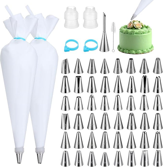56 Pcs Reusable Piping Bags and Tips Set Frosting Piping Kit for Home | 16"Pastry Bags for Cake Decorating Cupcakes & Cookies with 48 Frosting Tips 2 Leak-Proof Cotton Icing Bags for Baker Beginner